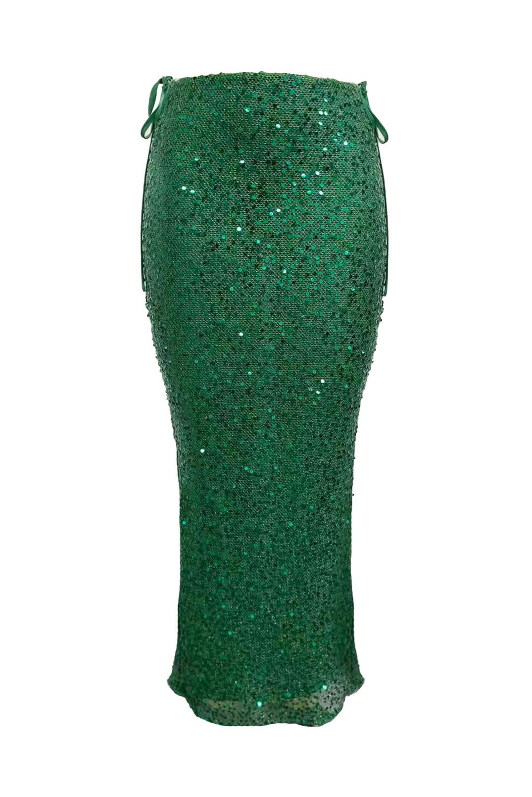 cut out of emerald green sequin maxi skirt with tie side detailing