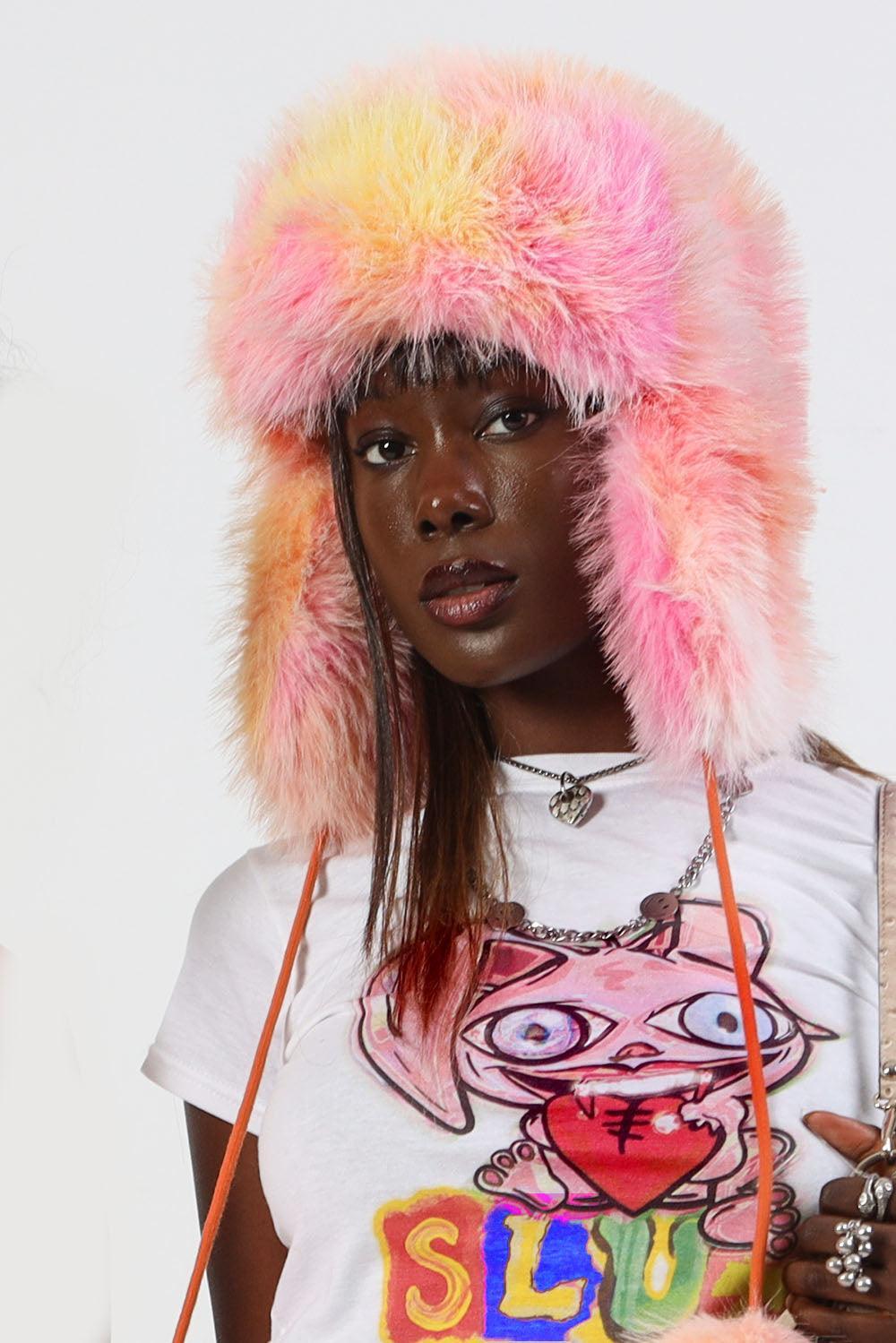 ‘No Fox Hunt' Faux Fur Trapper Hat in Tie Dye - Elsie & Fred
