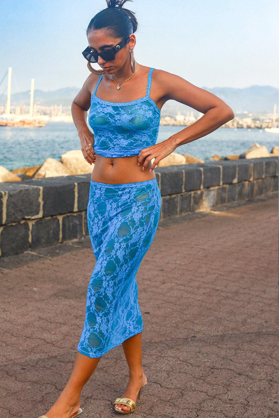 Pammy Lee Azure Blue Low Rise Lace Midi Skirt - Elsie & Fred