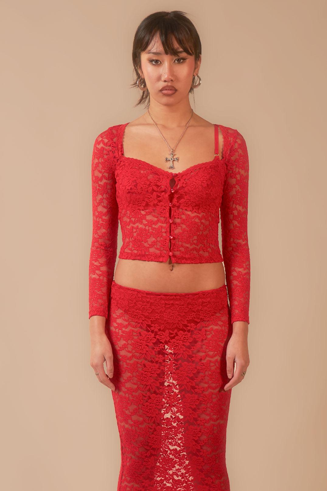 Red Sonja Lace Sheer Long Sleeve Button Top - Elsie & Fred