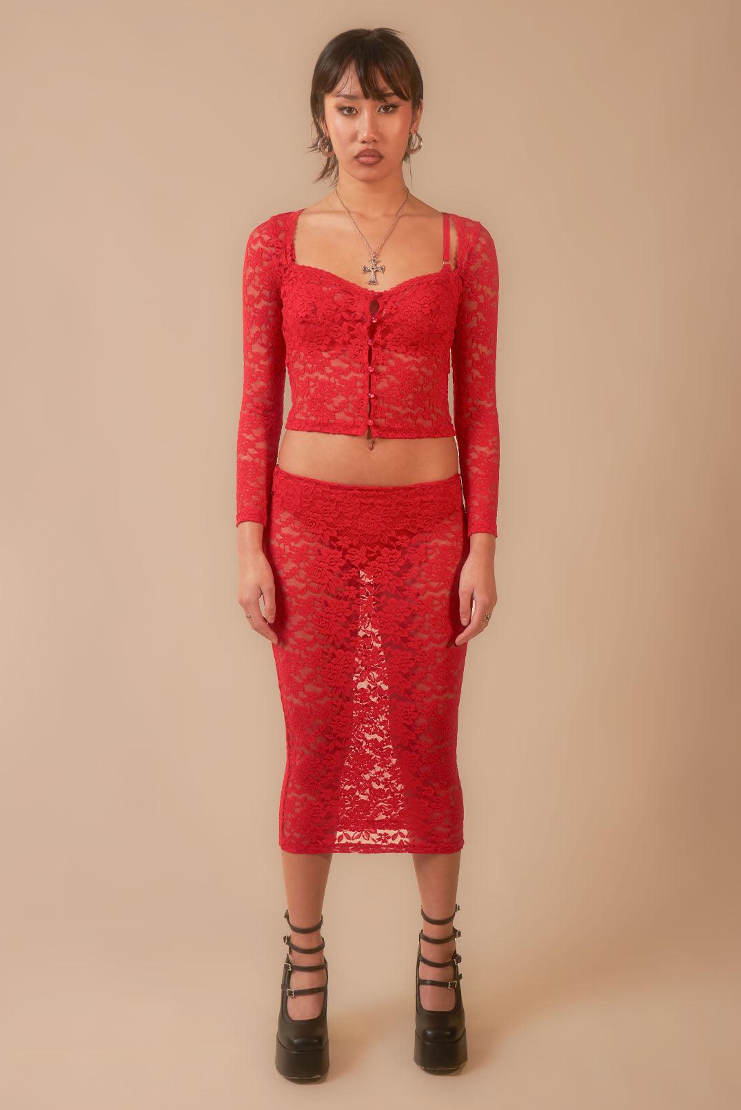 Red Sonja Lace Sheer Midi Skirt - Elsie & Fred