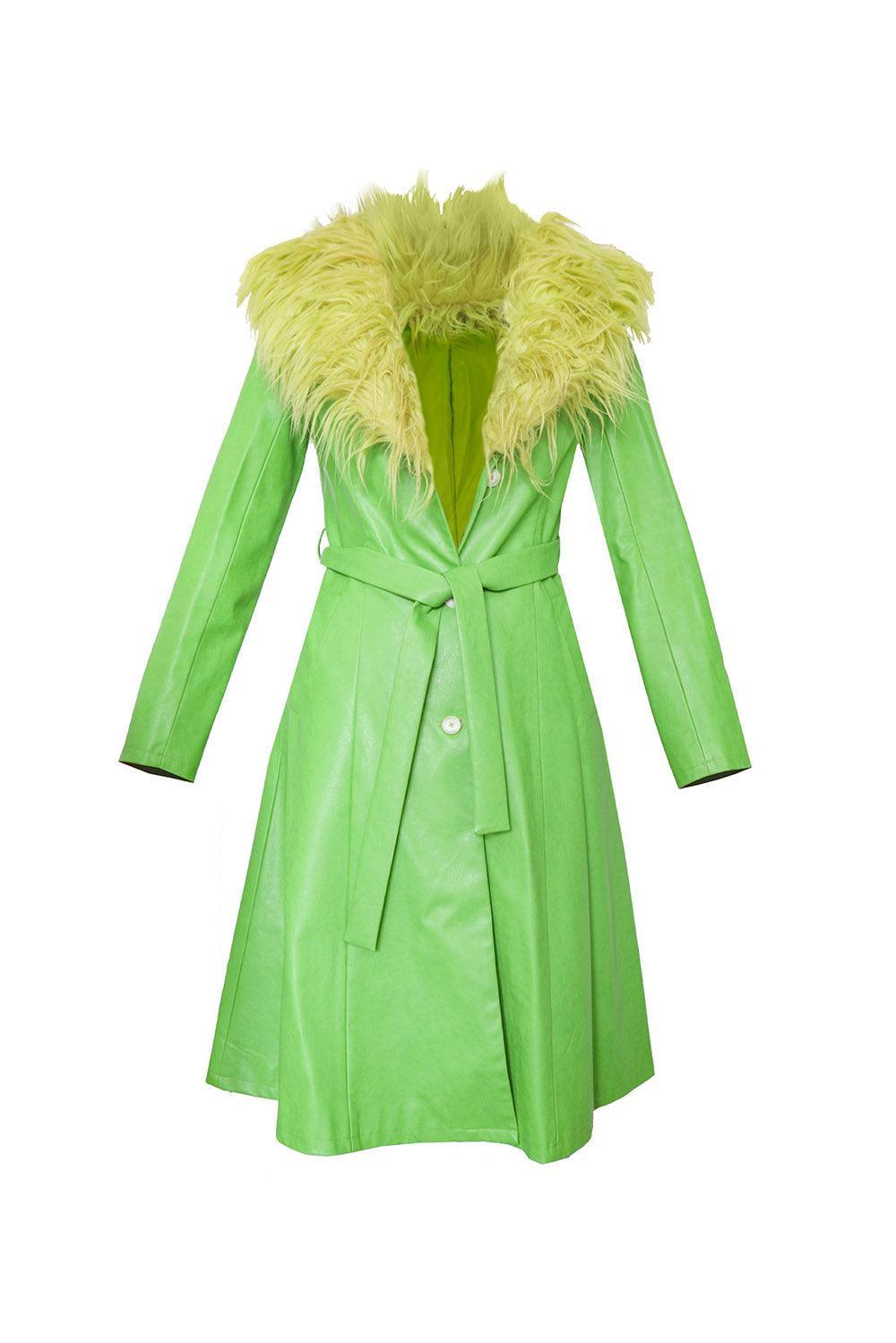 The Nadia Green PU Mac with Oversized Faux Fur Collar - Elsie & Fred
